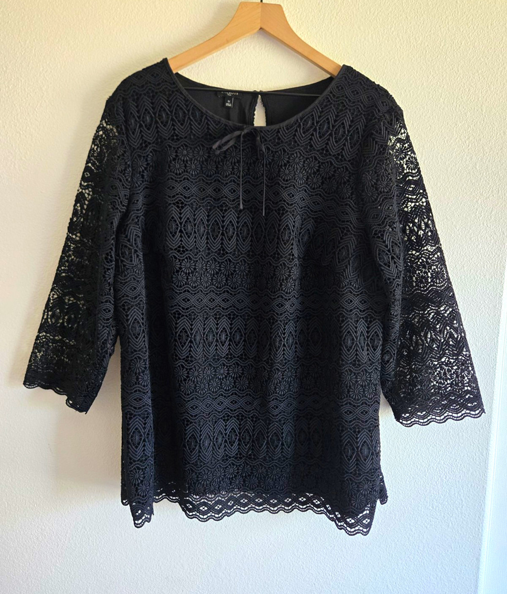 Talbots 1X Black Lace Floral Top Boho Whimsigoth Witchy Office Romantic 3/4